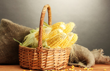 Wall Mural - fresh corn in basket, on wooden table, on grey background