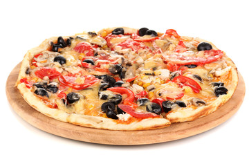 Sticker - Tasty pizza with vegetables, chicken and olives isolated