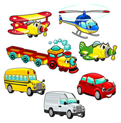 Funny vehicles. Cartoon and vector isolated characters.