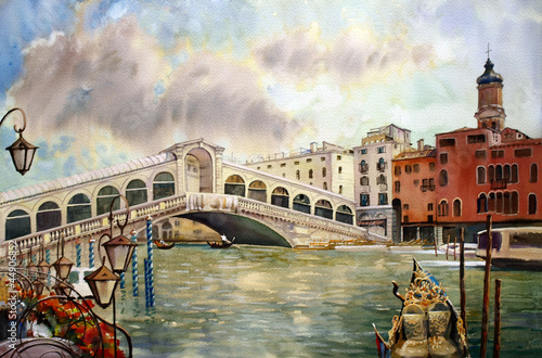 Obraz w ramie A view of the canal with Rialto bridge, Venice