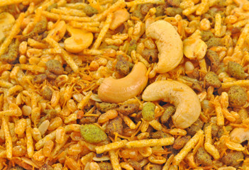 close up of indian fried pulse snacks 'namkeen'