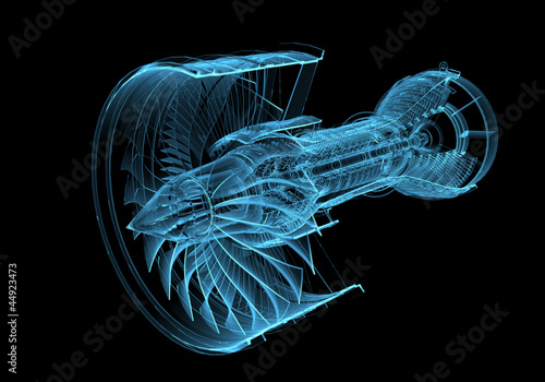 Fotografie, Obraz Jet engine turbine (3D xray blue transparent)