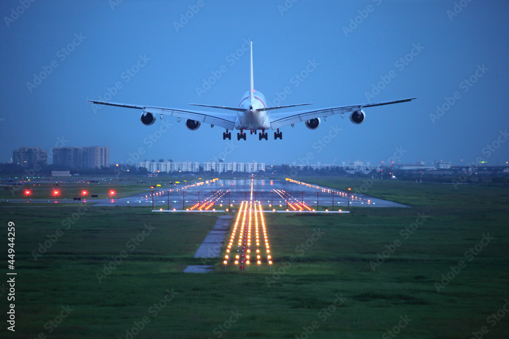 passenger plane fly up over take-off runway from airport - obrazy, fototapety, plakaty 