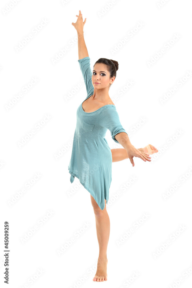 young beautiful dancer in a blue dress isolated on white