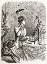 Elegant Woman Looking At Mirror. Engraved Illustration 1885