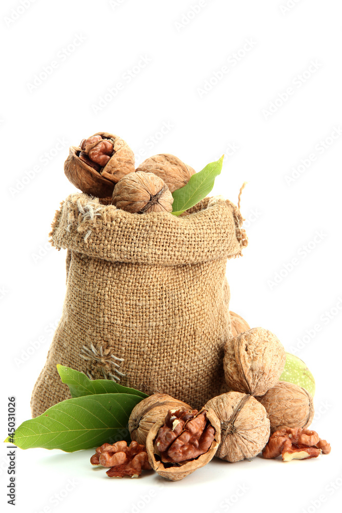 walnuts with green leaves in  burlap bag, isolated on white