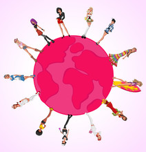 Pink Template With Beautiful Sexy Cartoon Girls Over Earth Globe