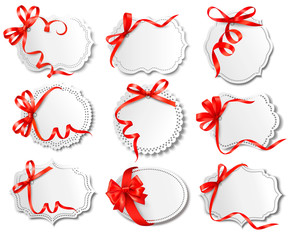 Wall Mural - Set of beautiful cards with red gift bows with ribbons