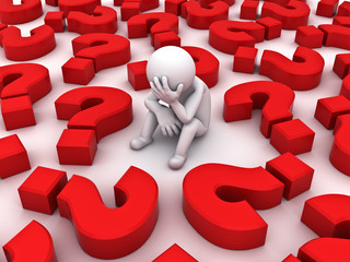 Poster - Depressed 3d man sitting with red question marks on white