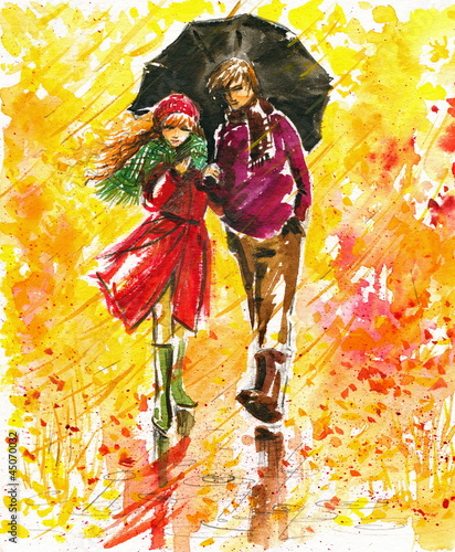 Obraz w ramie Autumn walk-watercolors