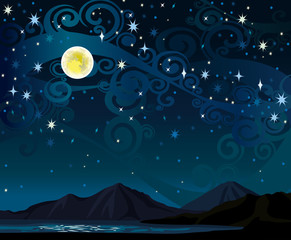 Canvas Print - Nigth sky with full moon, mounains and lake