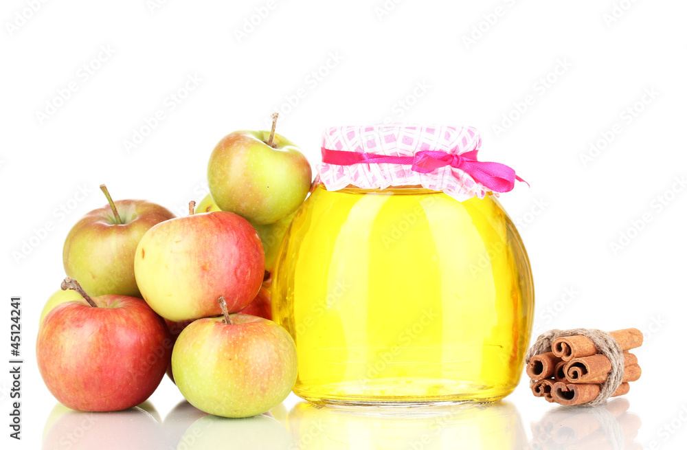 Honey and apples with cinnamon isolated on white