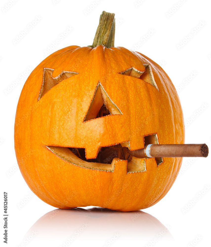 Halloween Pumpkin.Scary Jack O'Lantern smoke cigar isolated Stock Photo