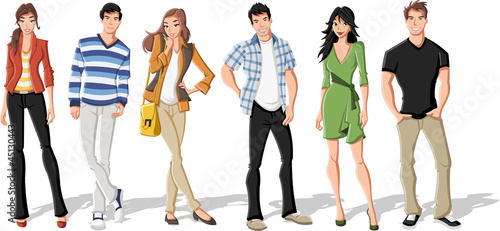 Group of fashion cartoon young people. Teenagers.