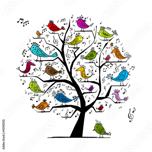 Tapeta ścienna na wymiar Funny tree with singing birds for your design