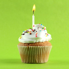 Wall Mural - tasty birthday cupcake with candle, on green background