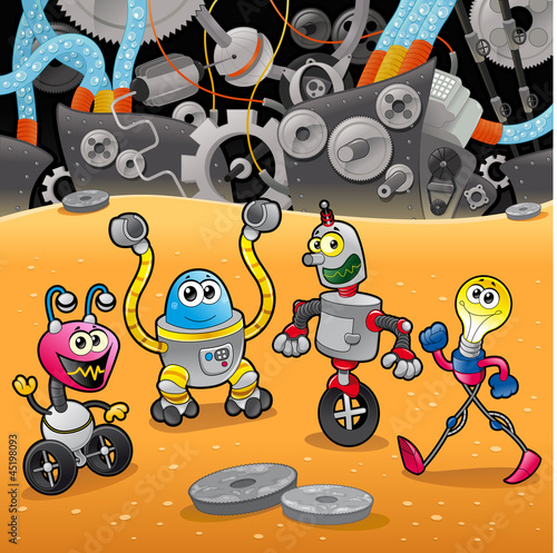 Plakat na zamówienie Robots with background. Cartoon and vector illustration.