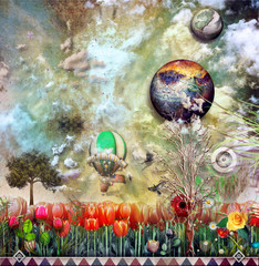 Wall Mural - Fire balloon in the tulips field