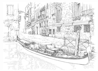 Wall Mural - Venice - Calle Fondamenta Megio. Ancient building & gondola. Vec