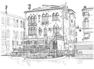 Wall Mural - Venice - Grand Canal. Ancient building & gondola. Vector drawing