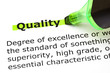 Dictionary definition of the word Quality highlighted in green