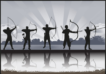 Wall Mural - group of archers with reflection