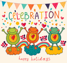 Vector Holiday Card With Happy Frogs