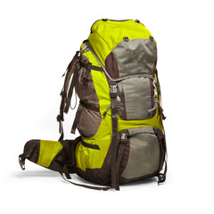 slightly used tourist backpack isolated on white. isolation path