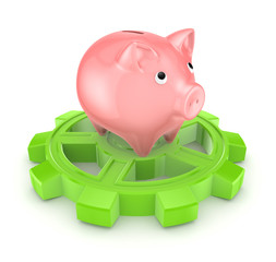 Poster - Pink piggy bank on a green gear.