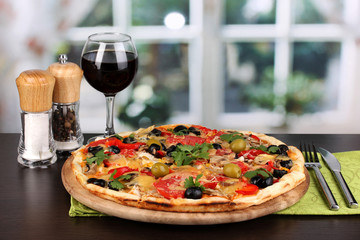 Poster - Delicious pizza with glass of red wine and spices