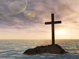 Wall Mural - Conceptual cross on a rock in the sea at sunset