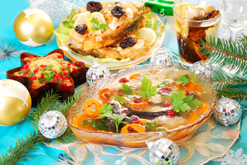 carp in jelly with carrot and cranberry for christmas