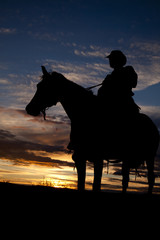 Wall Mural - Cowboy sitting on horse in sunset