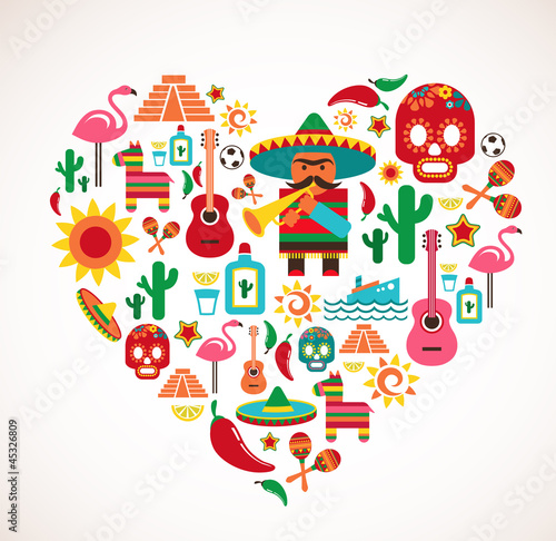 Fotografie, Obraz Mexico love - heart with set of vector icons