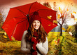 canvas print picture - umbrella 07/girl with umbrella in beautiful autumn landscape