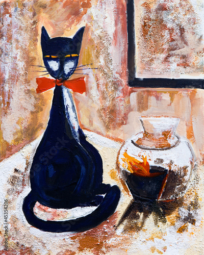 Obraz w ramie Czarny kot na ilustracji