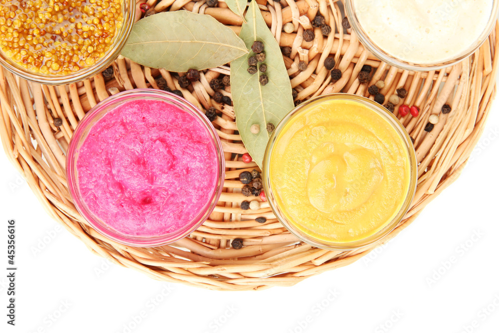 various sauces on wicker mat