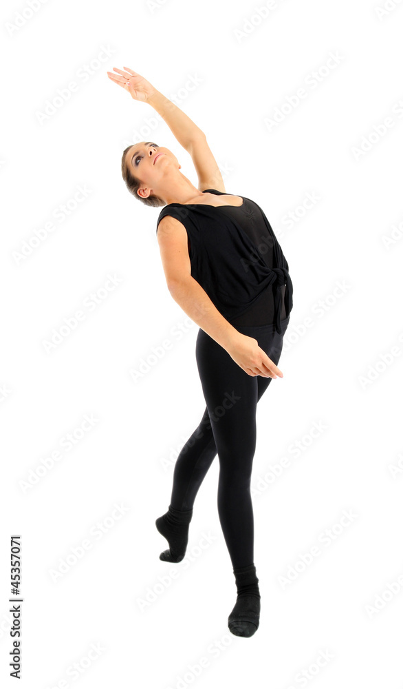 young beautiful brunette warming-up isolated on white