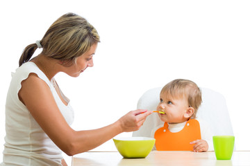 young mother spoon feeding her cute baby girl isolated on white