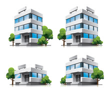 Four Cartoon Office Vector Buildings With Trees