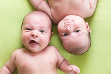 Adorable Twins Babies Boys. Top View Of Children.