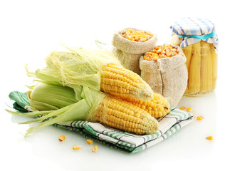 Sticker - fresh corn and bags with dry corn, isolated on white