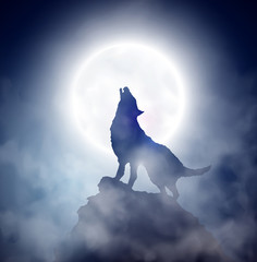 Naklejka na meble Wyjący wilk na skale przy księżycu w pełni