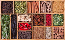 Spices And Herbs In Wooden Box