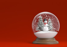 Snowglobe With Snowman And Trees On A Red Background Copy Space