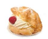 Fototapeta Na ścianę - Single cream bun with raspberries, cream and vanilla powder