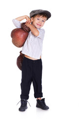 Portrait of little boy posing on white background with boxing gl