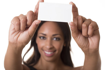 Beautiful woman holds a blank business card.