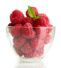 Ripe Raspberries With Mint In Glass Bowl Isolated On White