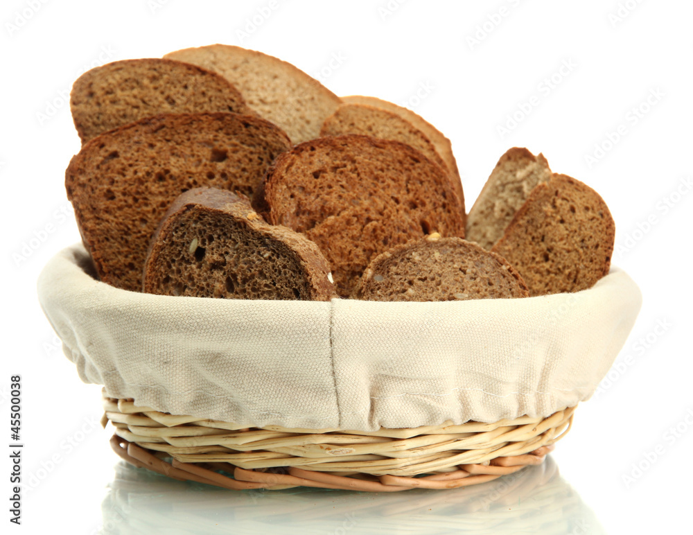 tasty sliced rye bread in basket, isolated on white